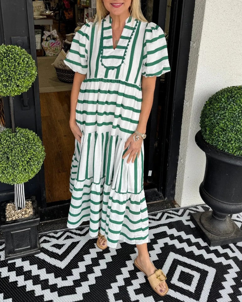Damen Gestreiftes Maxi-Kleid mit Stufenrock, Rüschenblende und Puffärmeln Drune
