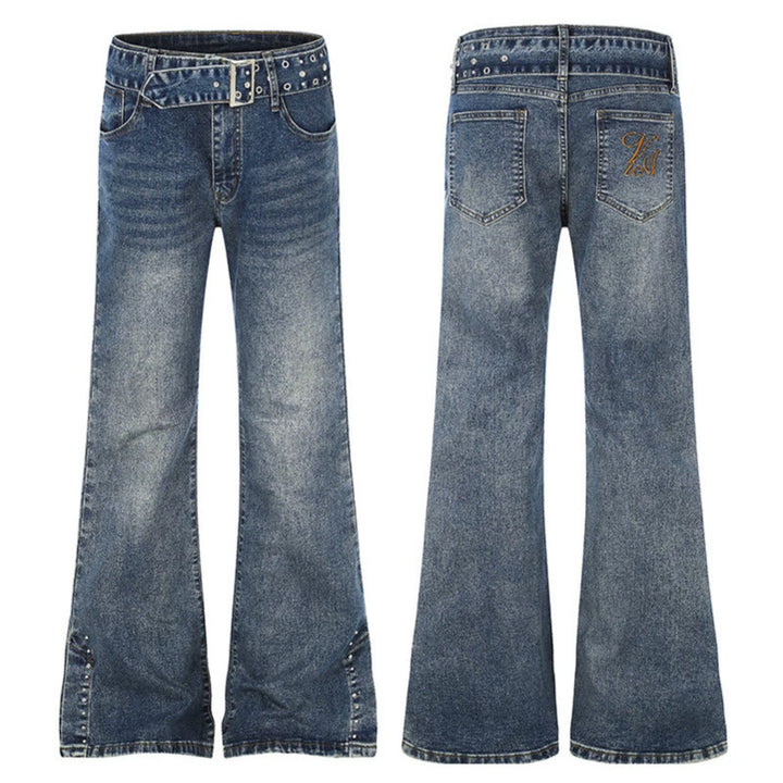 Damen High-Waist Flared-Denimjeans mit Nietenbesatz, weitem Schlag und Ziergürtel Drune