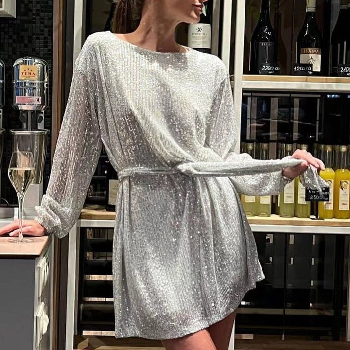 Damen Glamouröses Cocktailkleid mit funkelnden Lurex-Fäden und elastischem Taillengürtel Drune