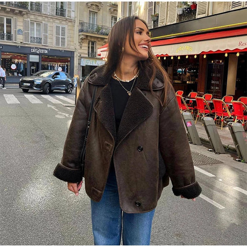 Damen Kunstlederjacke mit Teddyfutter Drune