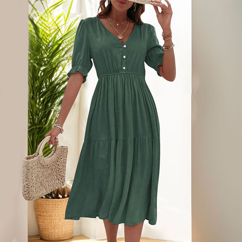Damen Midi-Kleid mit knöpfbarem V-Ausschnitt und luftigen Puffärmeln Drune