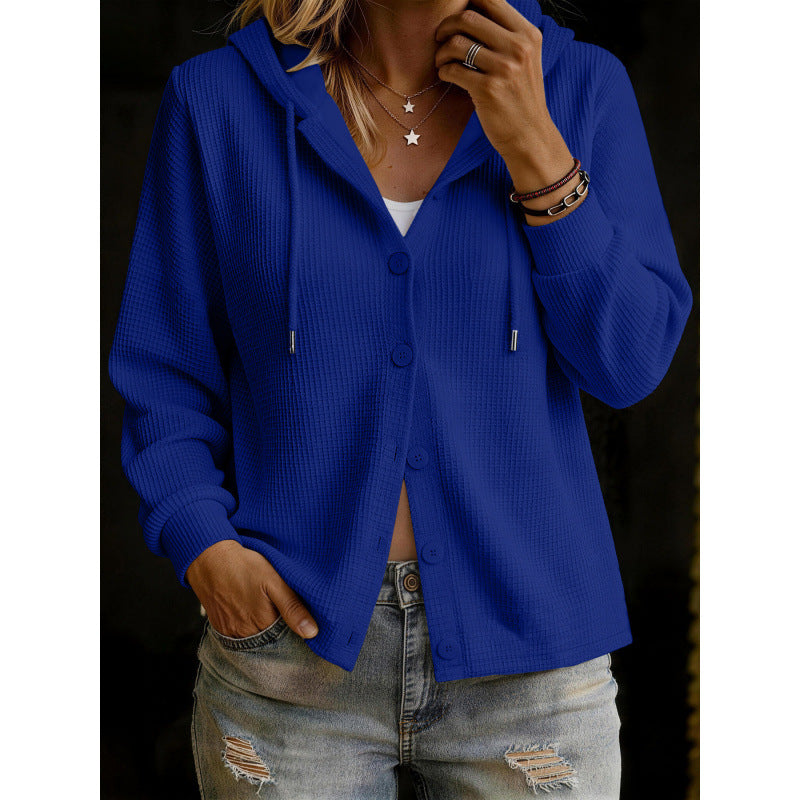 Damen Kapuzenstrickjacke im Waffelstrick mit Knopfleiste Drune