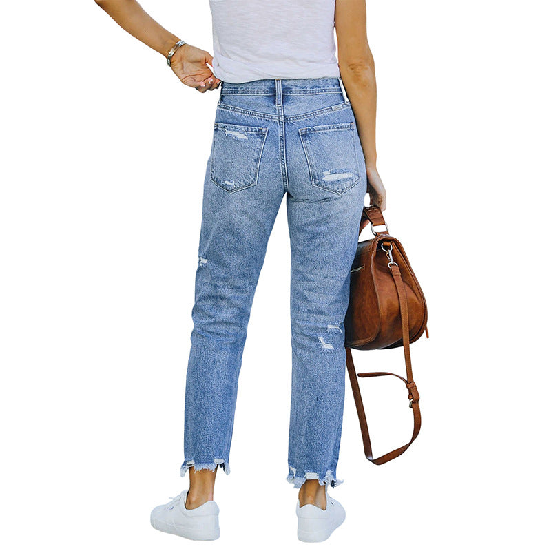Damen High-Waist Jeans mit geradem Bein, Destroyed-Optik und rohem Saum Drune