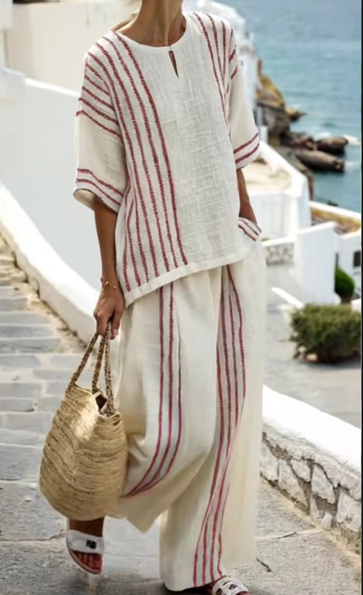 Damen leichte gestreifte Leinen Tunika und Hose Set Drune