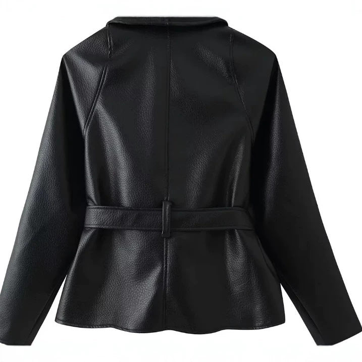 Damen Taillierte Blazerjacke aus Lederimitat mit Schalkragen und Bindegürtel Drune