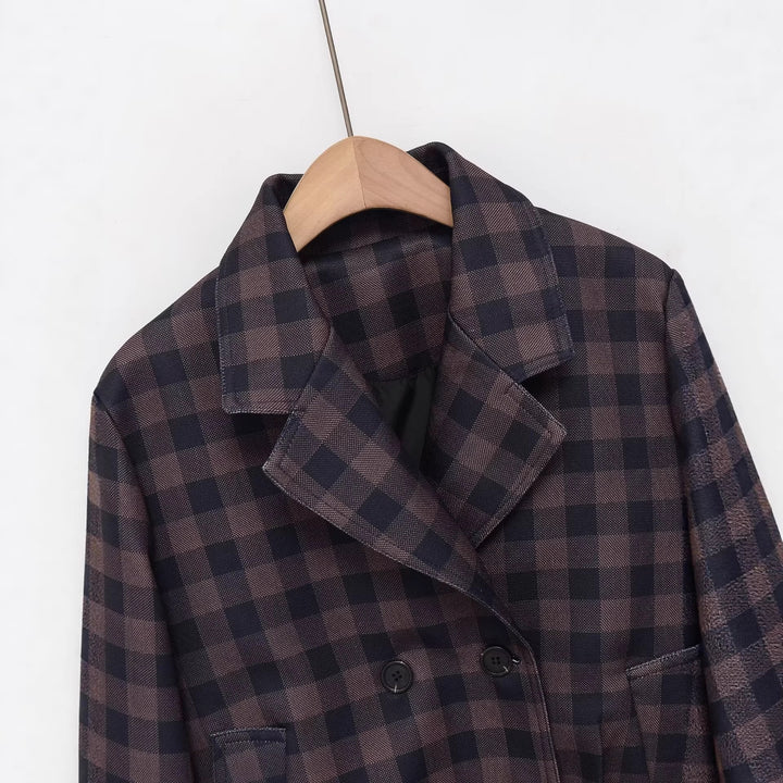 Damen Kurze Doppelreiher-Jacke im Karo-Design mit Reverskragen und Taillenbund Drune