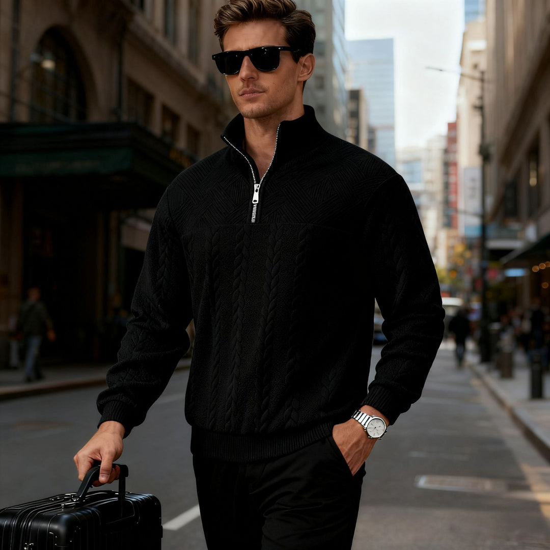 Herren Grobstrick-Halbzip-Pullover mit Zopfmuster und Stehkragen Drune