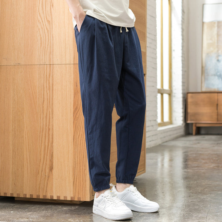 Herren Relaxed-Fit Leinenmix Jogginghose mit Bundfalten, Kordelzug und elastischen Beinabschlüssen Drune