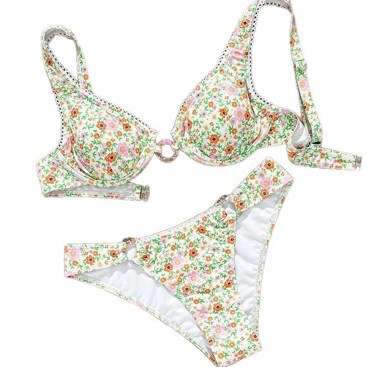 Damen Triangel-Bikini mit durchscheinenden Riemen und verspieltem Blütenmuster Drune
