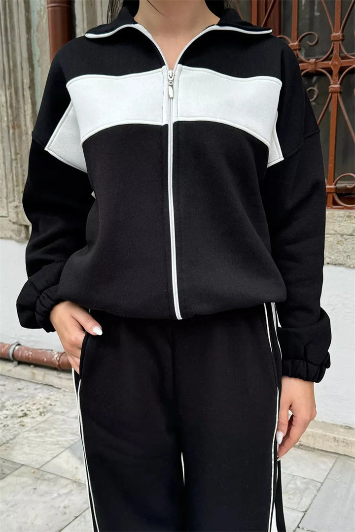 Damen Komfortables Campus-Lounge-Set mit kurzem Reißverschluss-Top und Seitenstreifen-Jogger Drune
