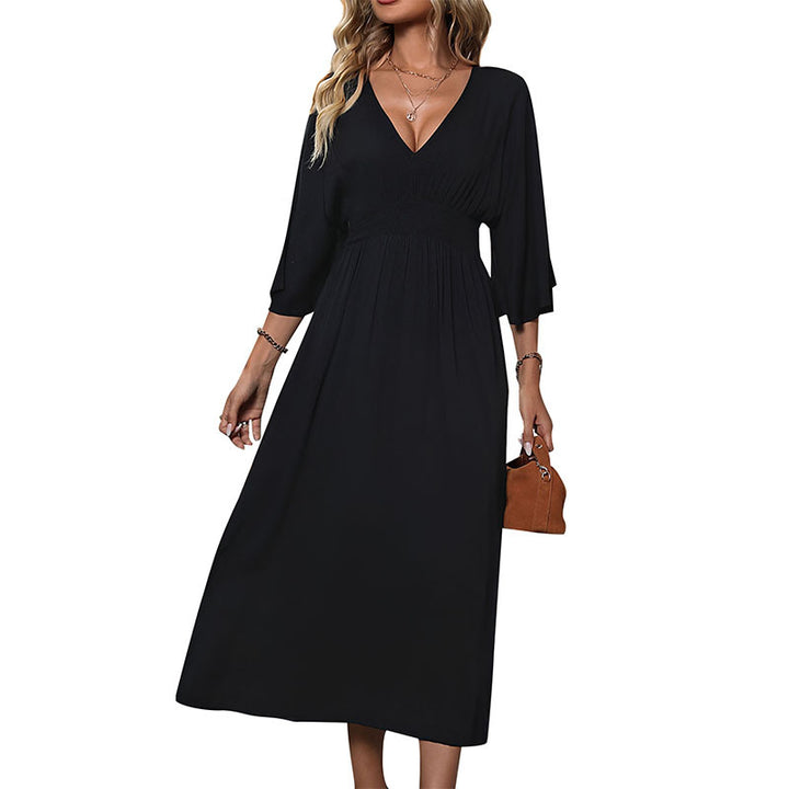 Damen Maxikleid mit V-Ausschnitt, geraffter Smoktaillenpartie und dreiviertelärmeln Drune