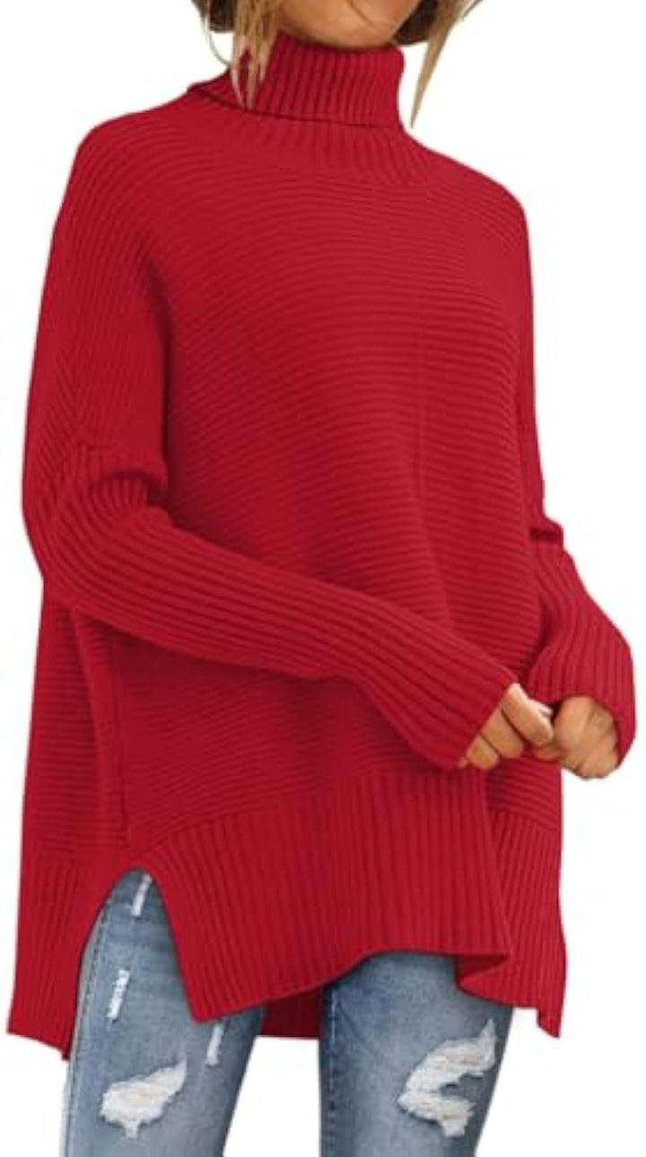 Damen Oversize-Rippenstrick Rollkragenpullover mit Seitenschlitzen und verlängertem Saum Drune