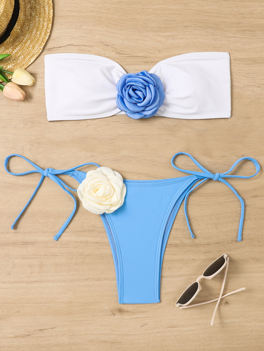 Damen Bandeau Bikini mit Blumenapplikation Drune