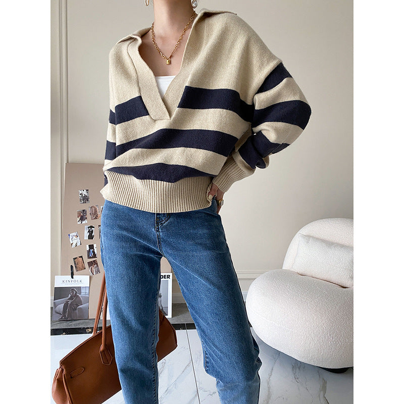 Damen Strickpullover mit V-Ausschnitt und Streifen Drune