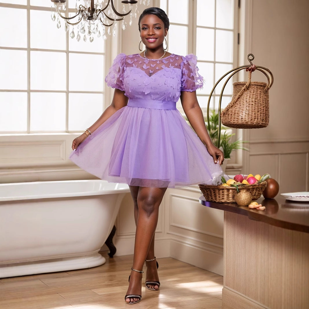 Damen Festliches Kleid mit transparenten Puffärmeln und zarten Schmetterlingsdetails Drune