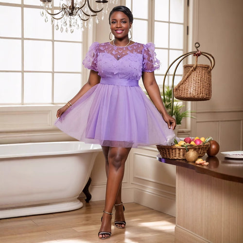 Damen Festliches Kleid mit transparenten Puffärmeln und zarten Schmetterlingsdetails Drune
