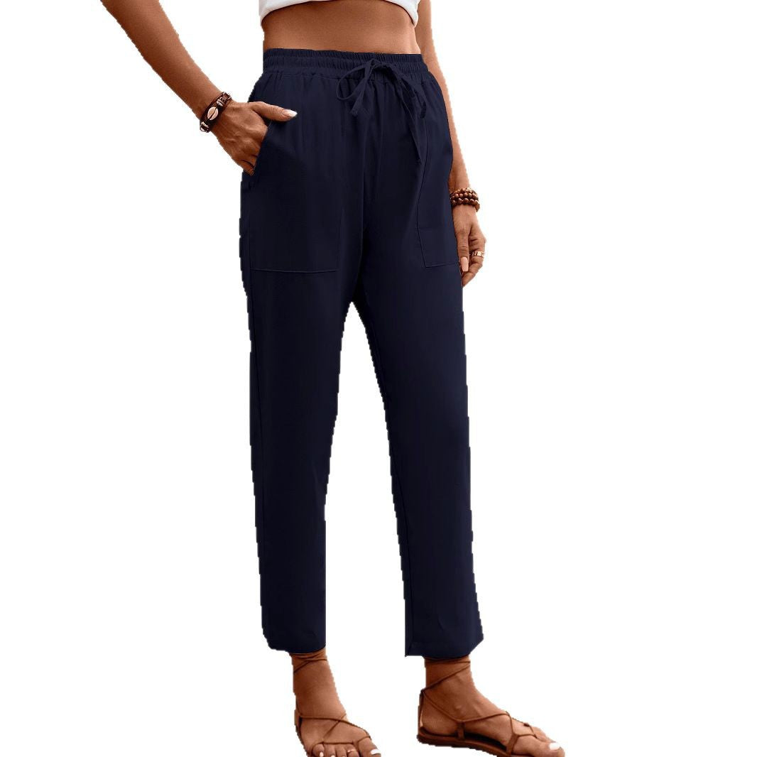 Damen Leichte High‑Waist Chino‑Hose mit Tunnelzug, aufgesetzten Taschen und gekürztem Knöchel‑Schnitt Drune