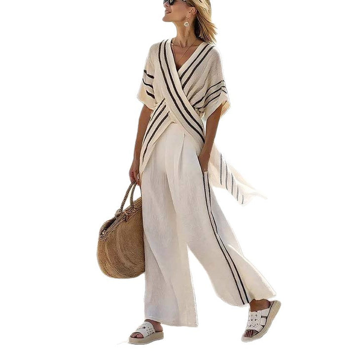 Damen nan resort-inspiriertes Set mit überkreuzter Kimono-Tunika und hochgeschnittener Palazzohose Drune