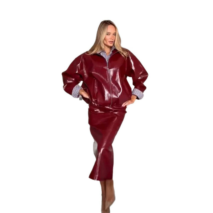 Damen Glänzendes Kunstleder-Zweiteiler mit Oversize-Zipjacke und tailliertem Midirock Drune