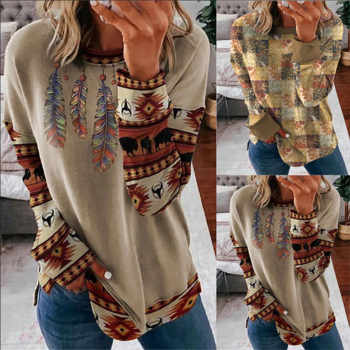 Damen Langarmshirt im Patchwork-Quilt-Design mit weichem Rundhalsausschnitt und kontrastierenden Bündchen Drune