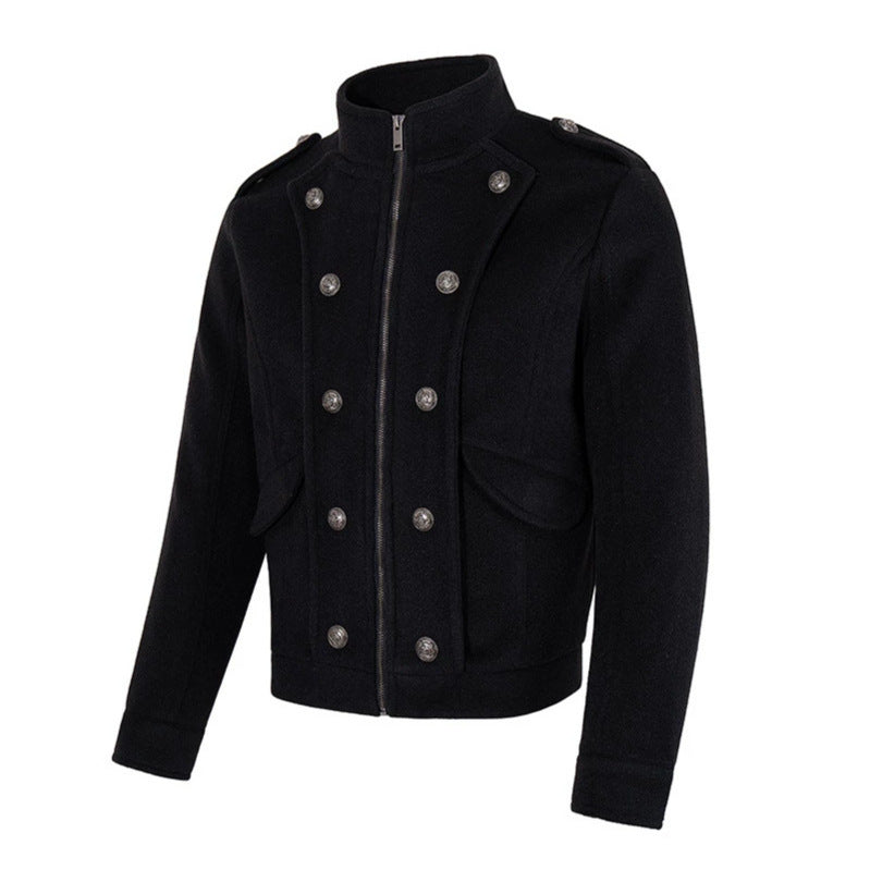 Herren kurze militärisch inspirierte Wolljacke mit Stehkragen & doppelreihigen Zierknöpfen Drune