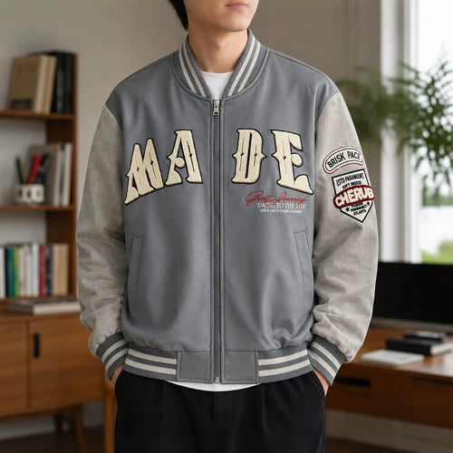 Herren Collegejacke im Letterman‑Style mit Kunstlederkörper und Veloursärmeln Drune