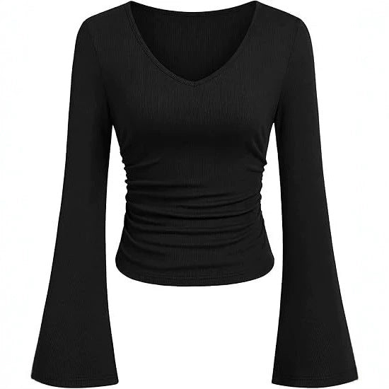 Damen Geripptes Cropped-Top mit V-Ausschnitt, taillierter Raffung und ausgestellten Trompetenärmeln Drune