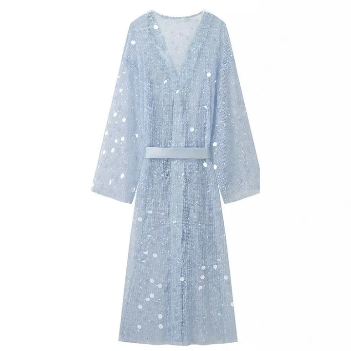 Damen Glamouröses Maxikleid mit V‑Ausschnitt, Pailletten‑Overlay und Taillengürtel Drune
