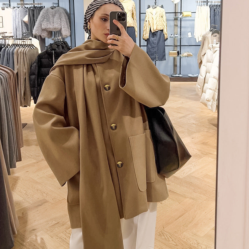 Damen modische Oversized-Jacke mit Schal und praktischen Taschen Drune