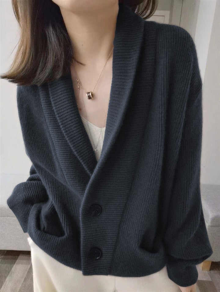 Damen Gemütlicher Strickcardigan mit breitem Revers und Taschen Drune