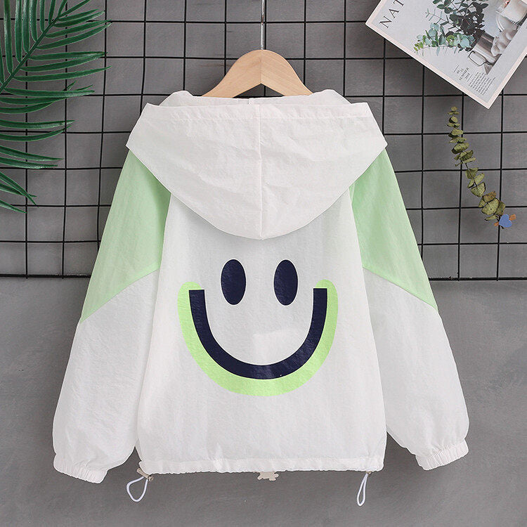 Damen nan leichte Kapuzenjacke mit Smiley-Print und Kordelzug Drune