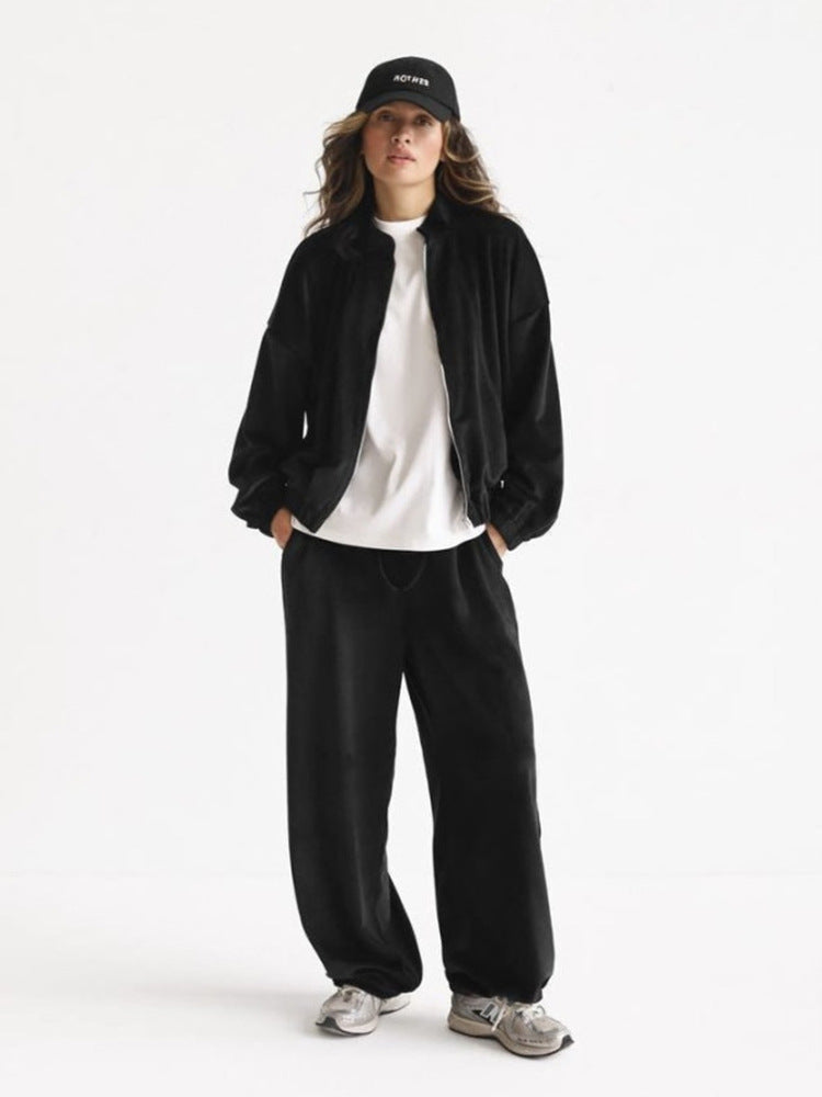 Damen ausgestelltes Velours-Jogginganzug-Set mit kurzer Reißverschlussjacke und hochtaillierter Kordelhose Drune