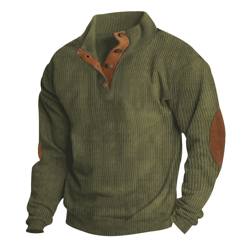 Herren Gerippter Henley-Pullover mit Stehkragen, Knopfleiste & Leder-Ellbogenpatches Drune