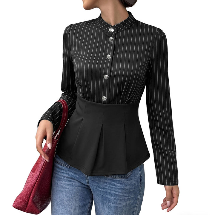 Damen Modische Bluse mit Stehkragen und Plisseedetail Drune