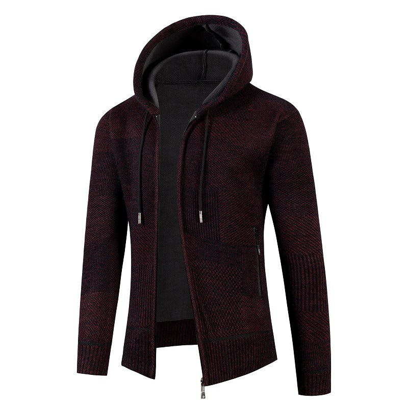 Herren Strukturierter Strick-Zip-Hoodie mit gefütterter Kapuze und grafischem Patchmuster Drune