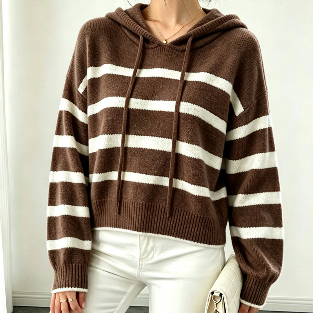 Damen Kapuzen-Strickpullover im Maritim-Look mit geripptem Saum und relaxed Fit Drune