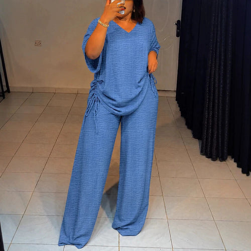 Damen Oversize-Lounge-Set mit V-Ausschnitt, seitlicher Raffung und weiter Palazzohose Drune