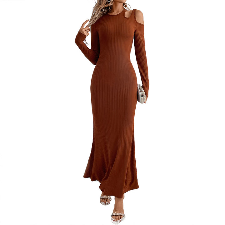 Damen geripptes Meerjungfrauen-Maxikleid mit Cold-Shoulder Cutouts, sculptender Passform und ausgestelltem Saum Drune