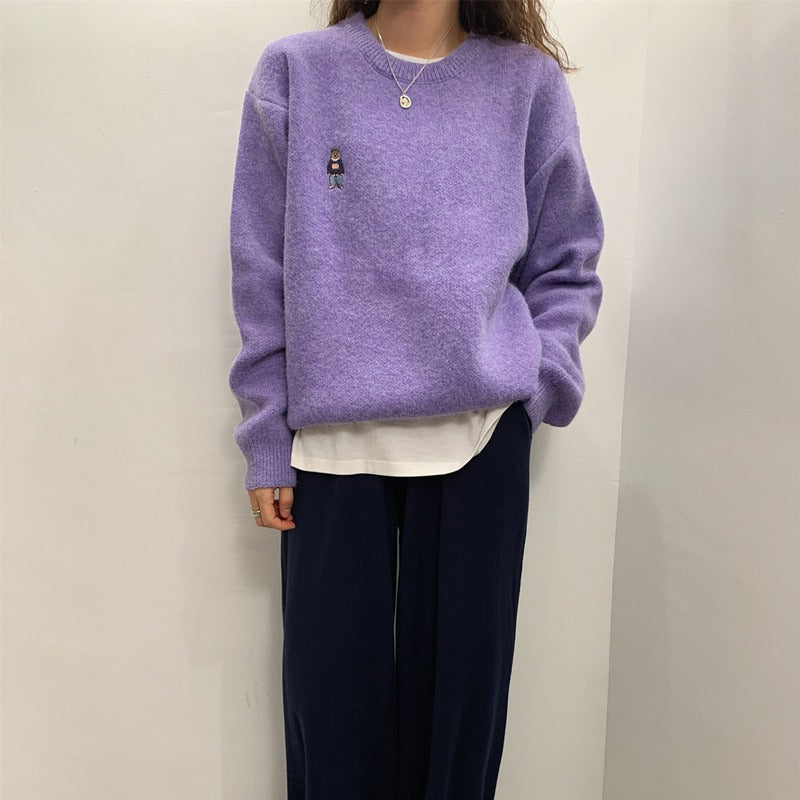 Damen Kuscheliger Basic Pullover mit niedlichem Stickmotiv Drune