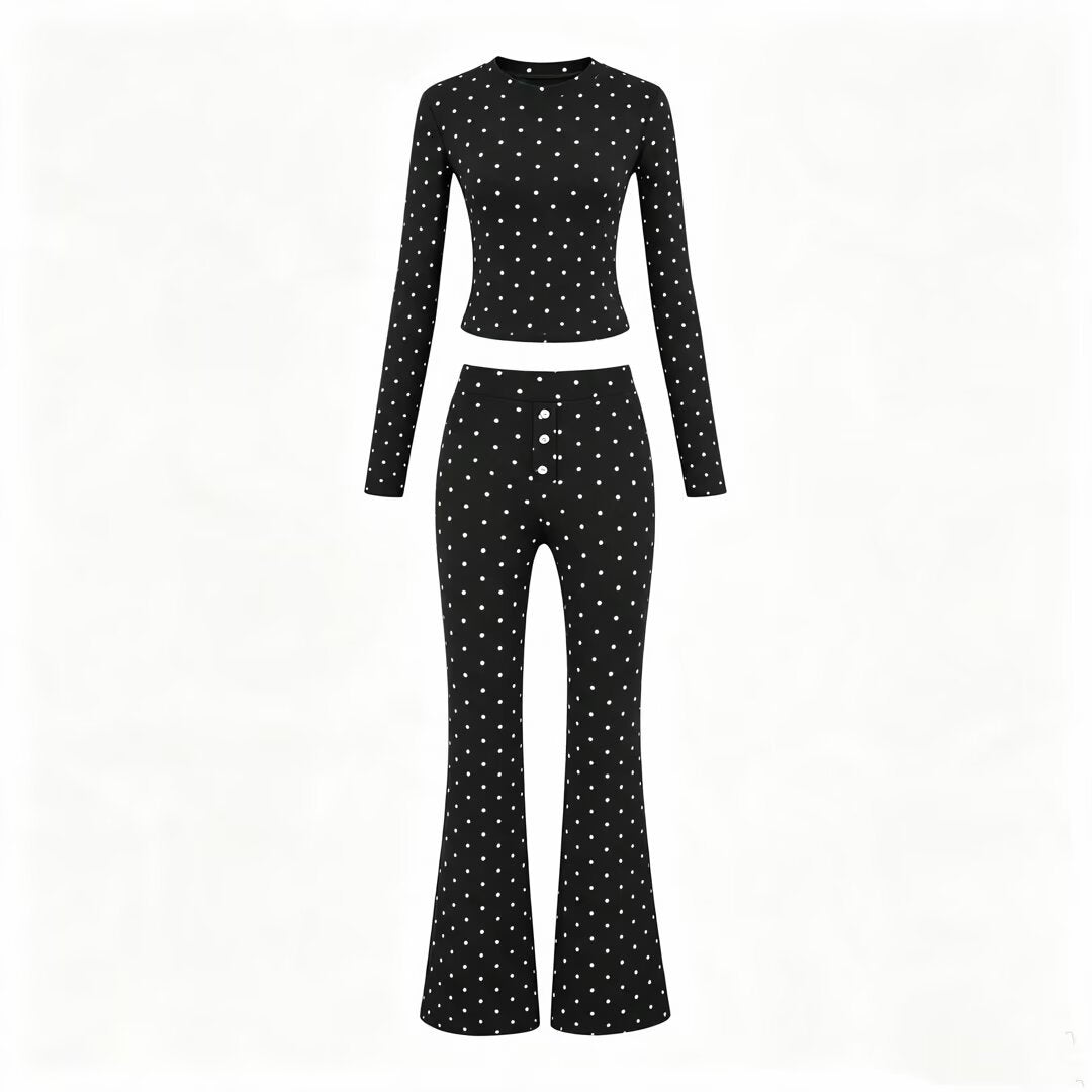 Damen Zweiteiliges Stretch-Jersey Lounge-Set mit Cropped Longsleeve und High‑Waist Schlaghose Drune