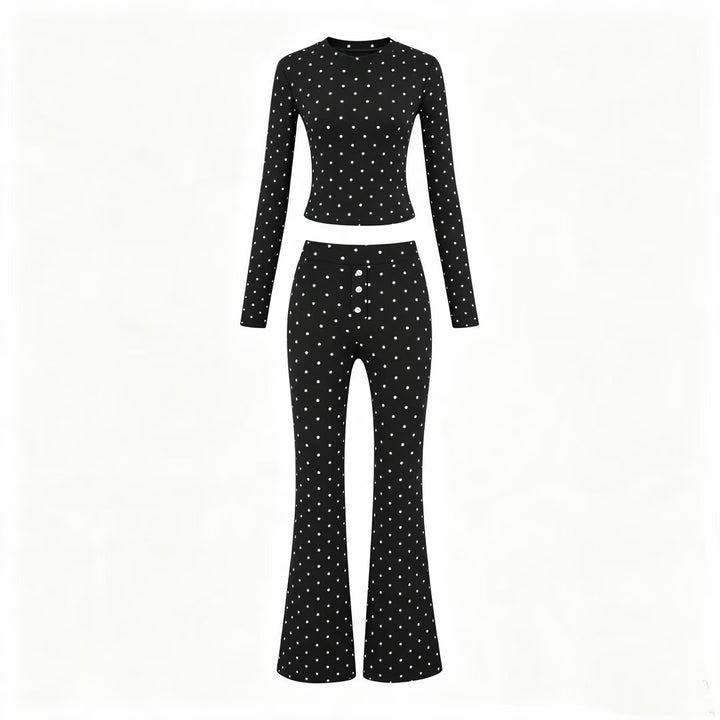 Damen Zweiteiliges Stretch-Jersey Lounge-Set mit Cropped Longsleeve und High‑Waist Schlaghose Drune