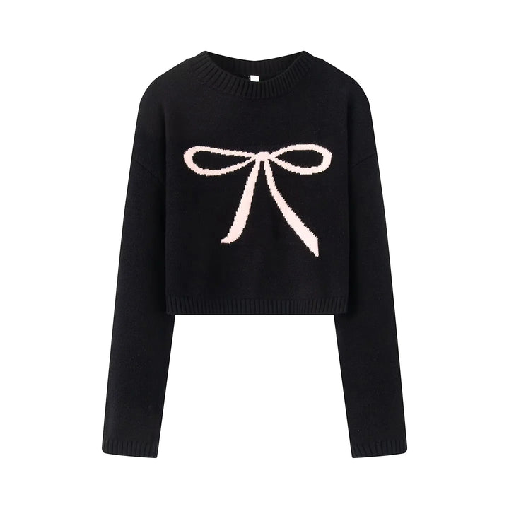 Damen nan kurz geschnittener Strickpullover mit Intarsien-Schleifenmotiv Drune