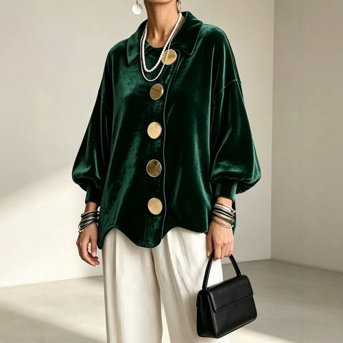 Damen Oversized Samtjacke mit großen Zierknöpfen und Balloon-Ärmeln Drune