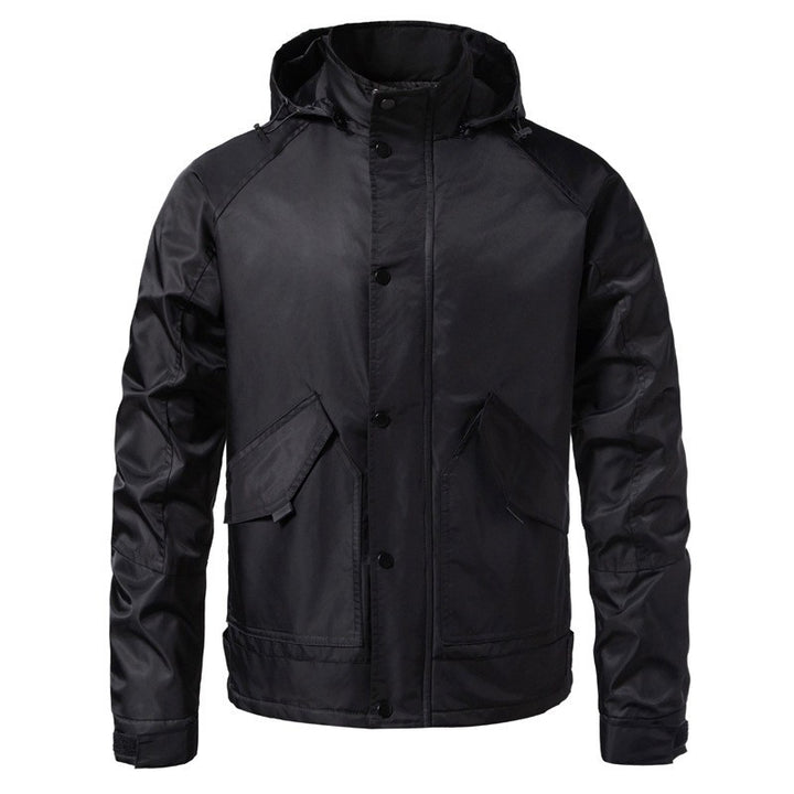 Herren Wasserabweisende Kapuzenjacke im Utility‑Stil mit Druckknopfleiste und Pattentaschen Drune