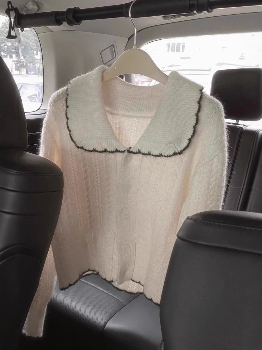 Damen Zopfmuster-Strickcardigan mit großem Matrosenkragen und kontrastkante Drune