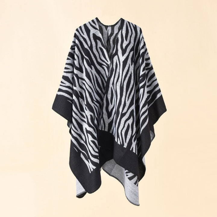 Damen Zebra‑Jacquard Poncho‑Cape im Oversize‑Kimono‑Fall aus weichem Feinstrick Drune