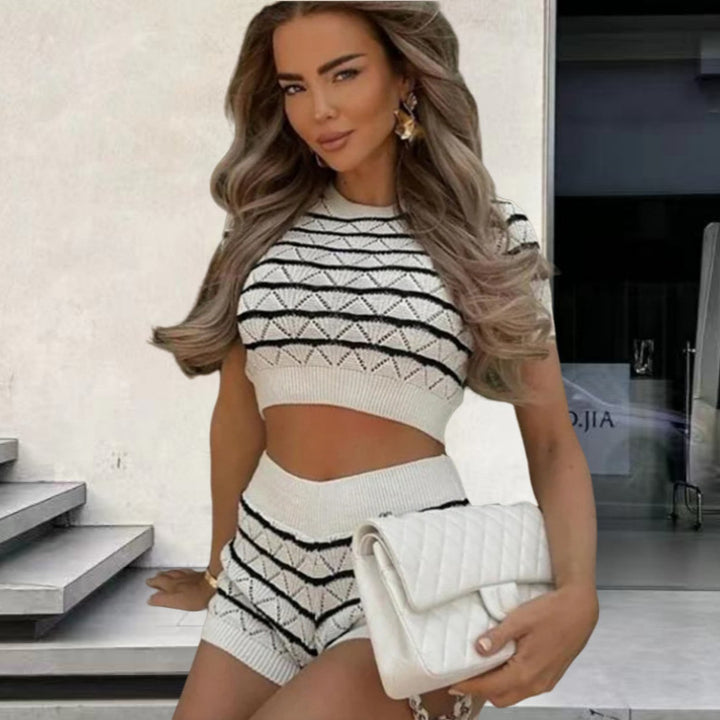 Damen Stylishes Kurzarm-Crop-Top und Shorts Set mit raffiniertem Muster Drune