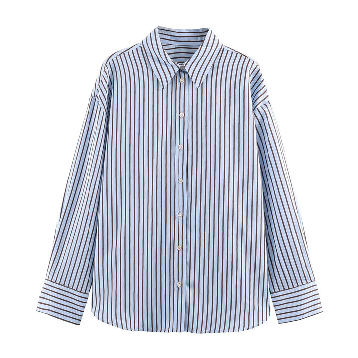 Damen Oversize Gestreifte Hemdbluse mit Kentkragen, durchgehender Knopfleiste und langen Manschetten Drune