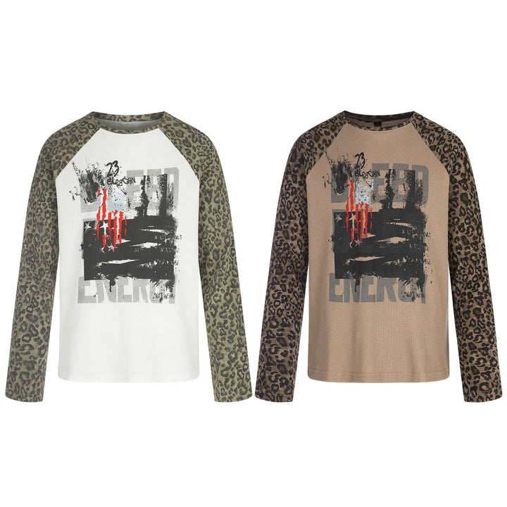Damen Langarmshirt im Baseball-Stil mit Leopardenärmeln und Grafikprint Drune