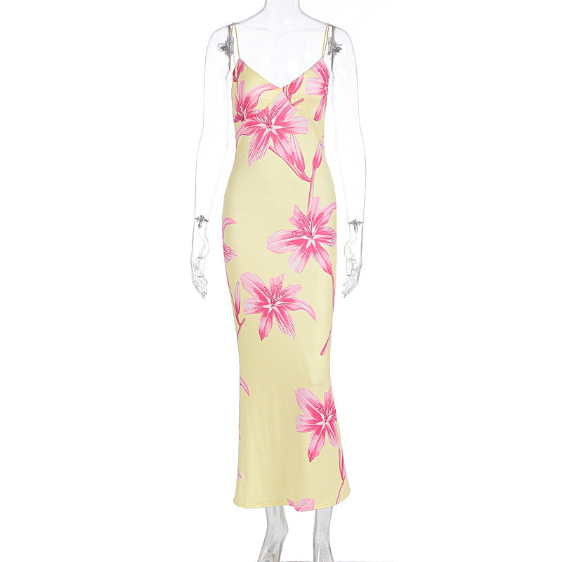 Damen Elegantes Blumenmaxikleid mit feinen Spaghettiträgern und figurbetontem Schnitt Drune